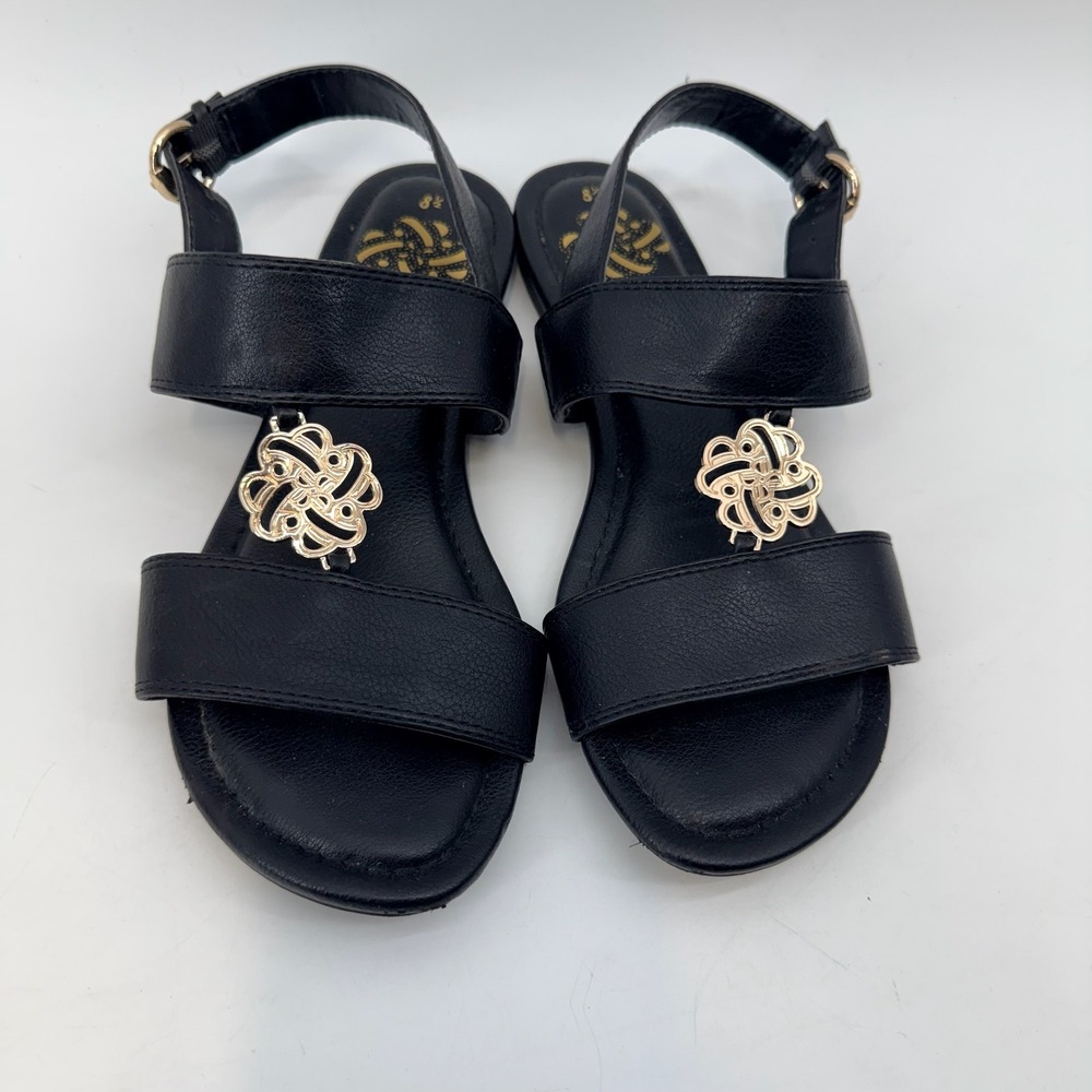 Sam & Libby Phoebe Black Faux Leather Medallion Two Band Flat Sandals Womens 8.5
